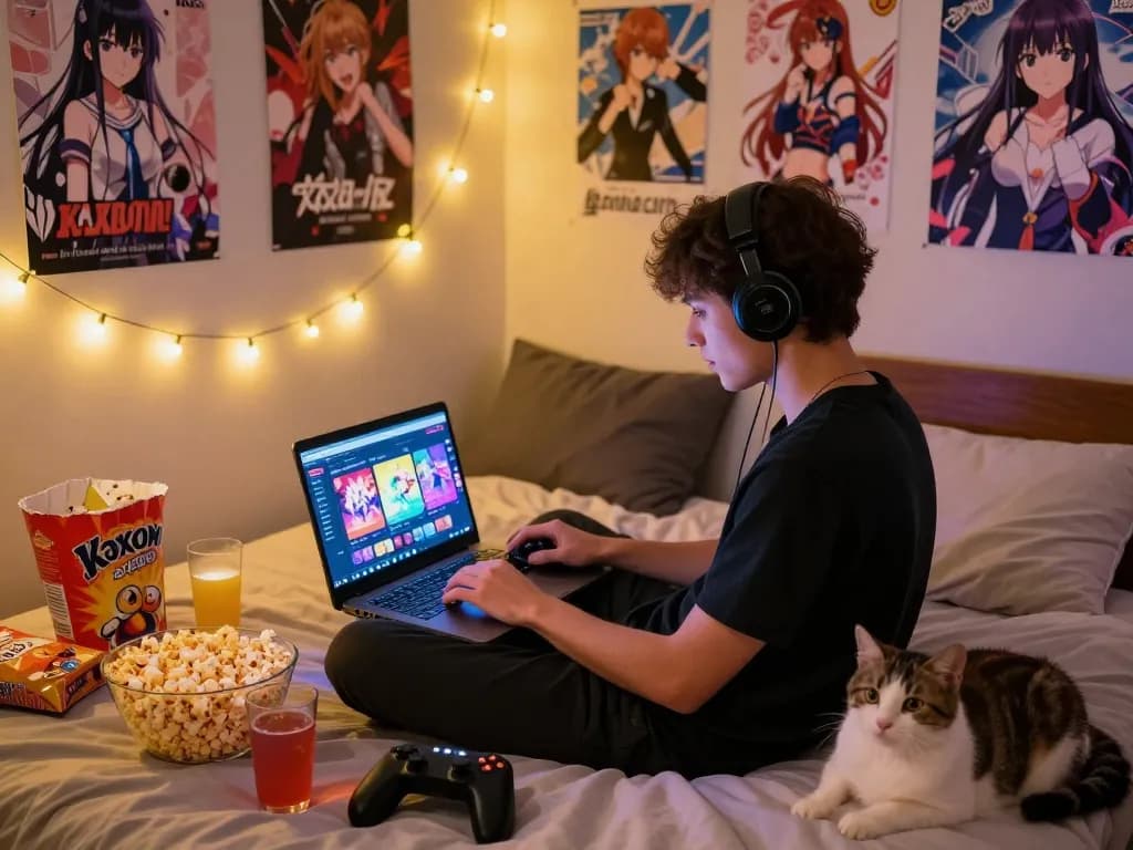 Engaged gamer playing xxx games on a laptop in a cozy bedroom.