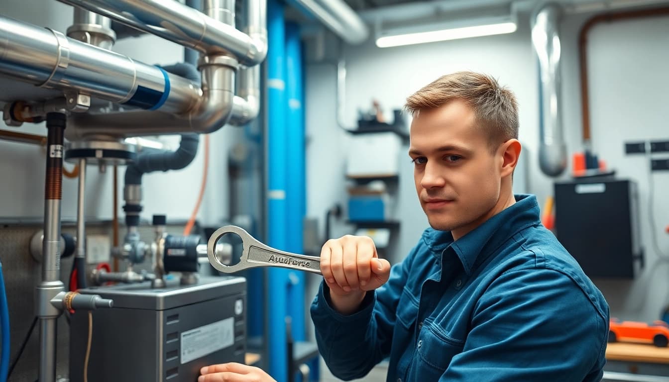 AquaForce Mechanical service by an HVAC technician in a modern workshop setting.