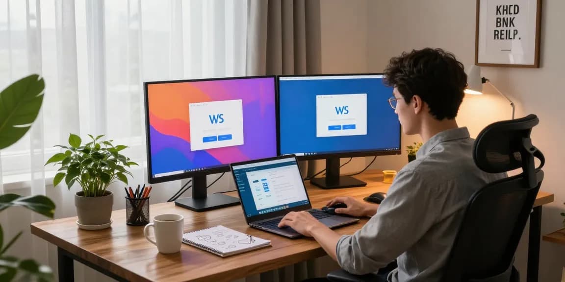 WPS Download on modern laptop with dual monitors in a cozy home office