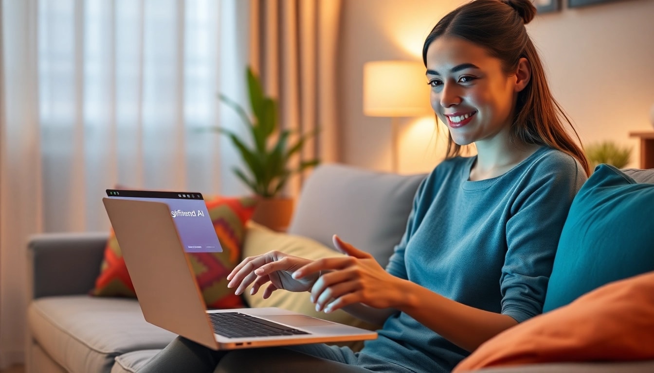 Engaging scene of a woman interacting with her girlfriend AI on a laptop in a cozy living room.