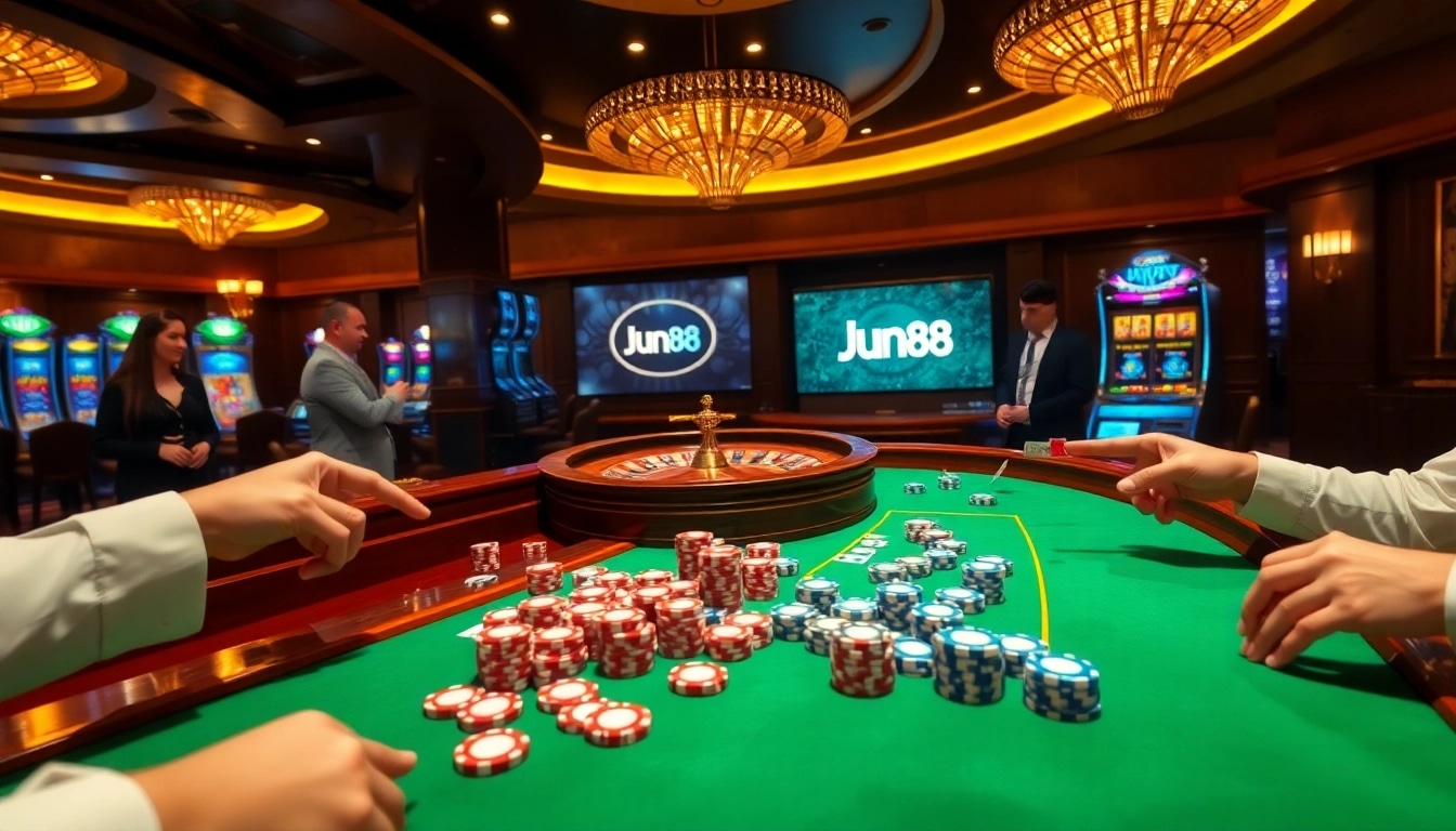 Players enjoy a thrilling game at Jun88's casino table with vibrant poker chips and cards.