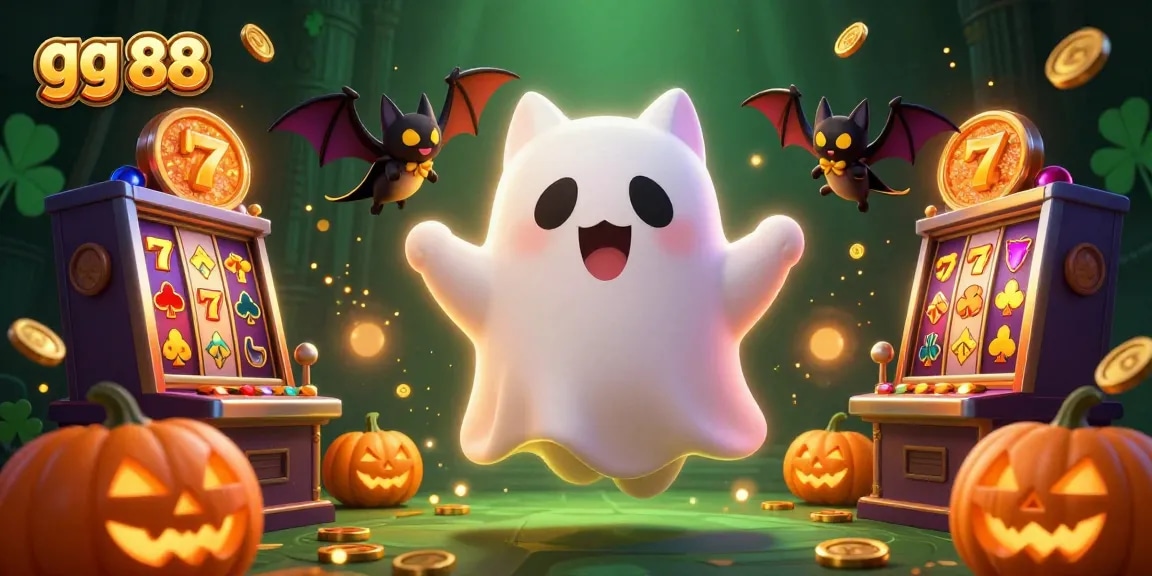 Engage with thrilling gg 88 slots action featuring animated ghost cat and playful bat in a haunted casino.