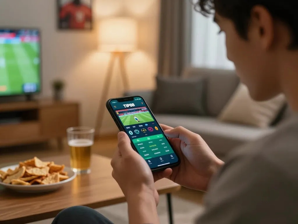 Engaging in online sports betting with TIP88 app on smartphone during a cozy home setup.