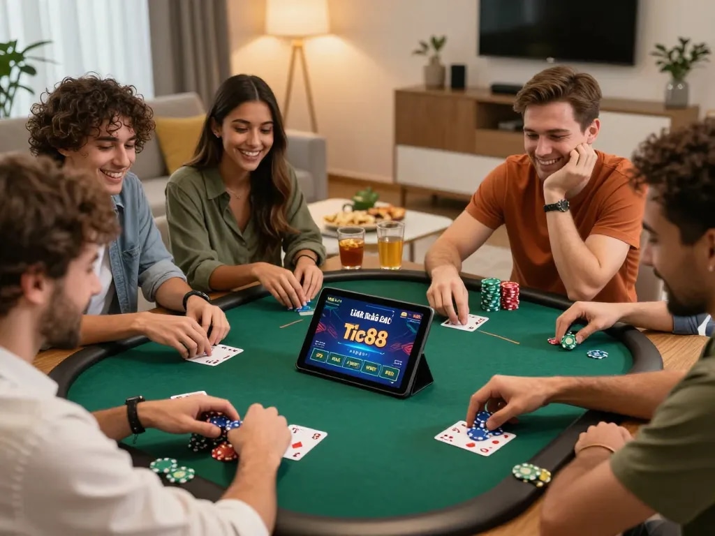 Friends enjoying a poker game on tablet, featuring Link nhà cái Tic88 in a cozy setting
