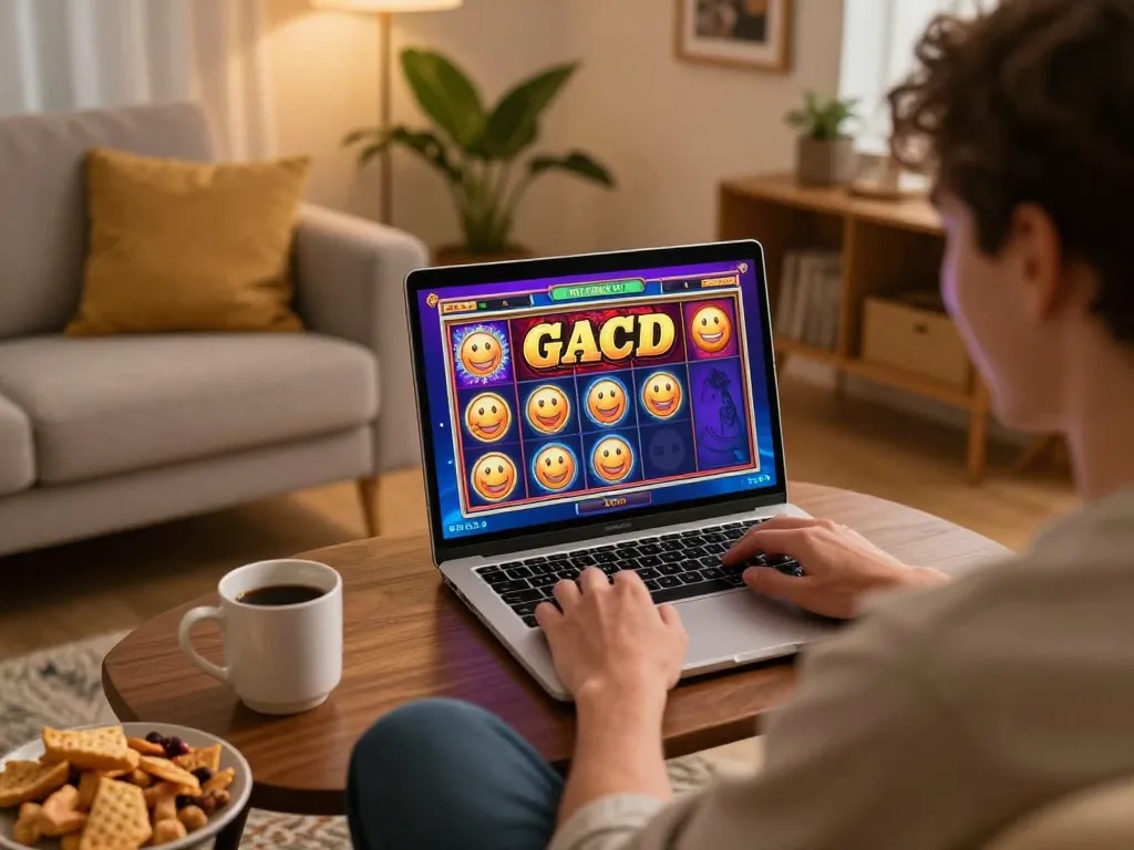 Player engaging with a slot gacor game from home, showcasing excitement and strategic gameplay.