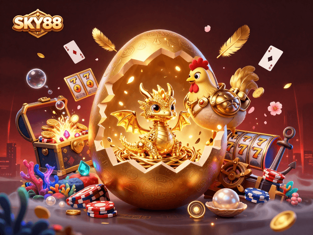 Engage with exciting gaming at SKY88 featuring a golden egg, baby dragon, and slot reels.