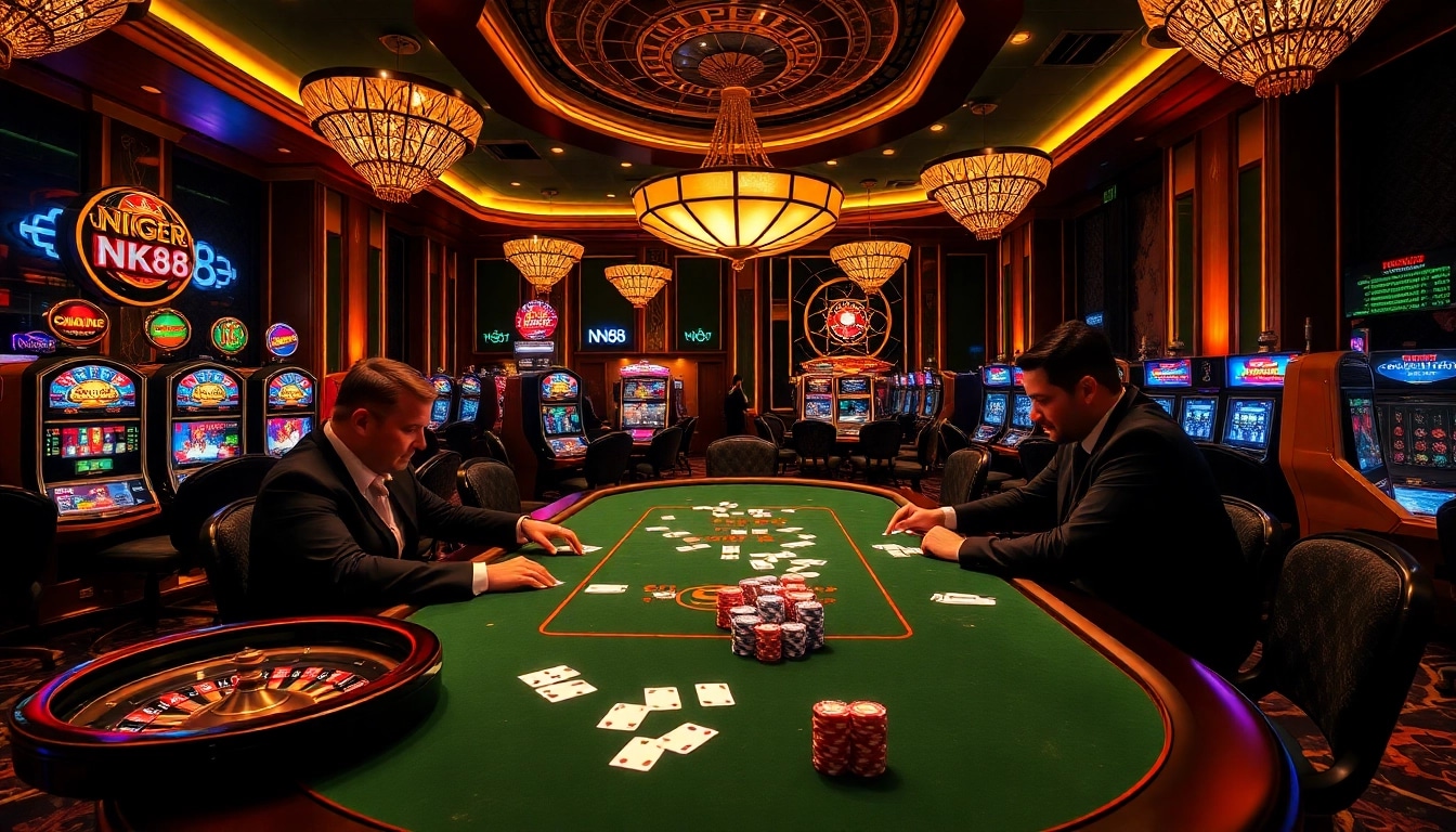Players at an elite casino table engaging in poker with NK88-themed betting chips.