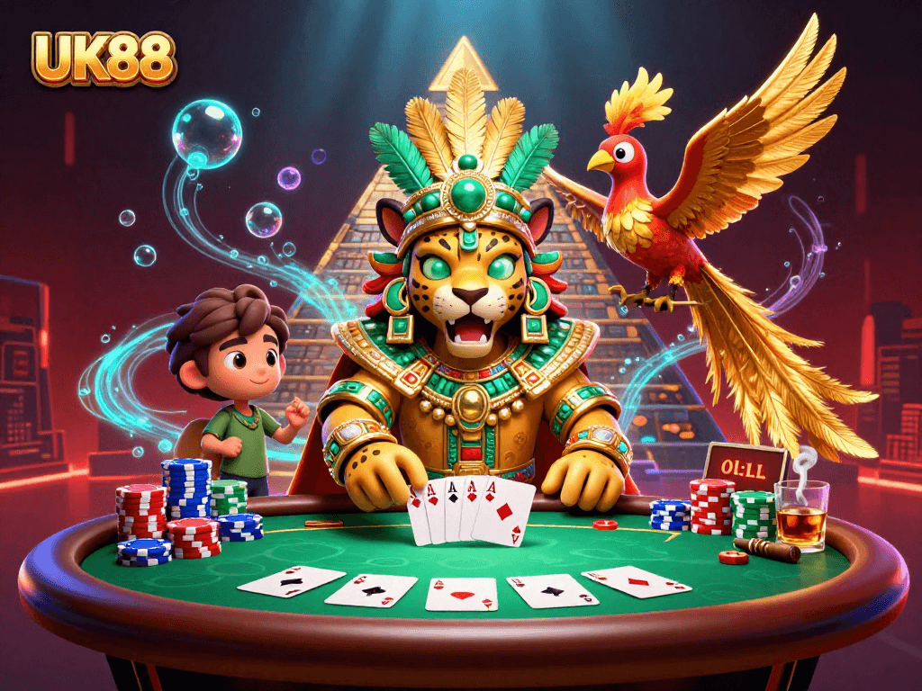 Experience exciting poker action with UK88 as Mayan jaguar priest and quetzal bird showcase vibrant gaming elements.