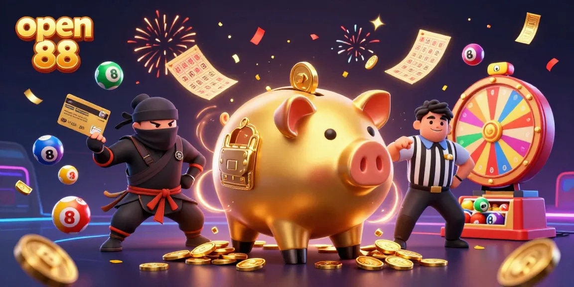 Engage in thrilling gameplay with open 88 as the golden piggy bank sumo wrestler unleashes a gold coin storm!