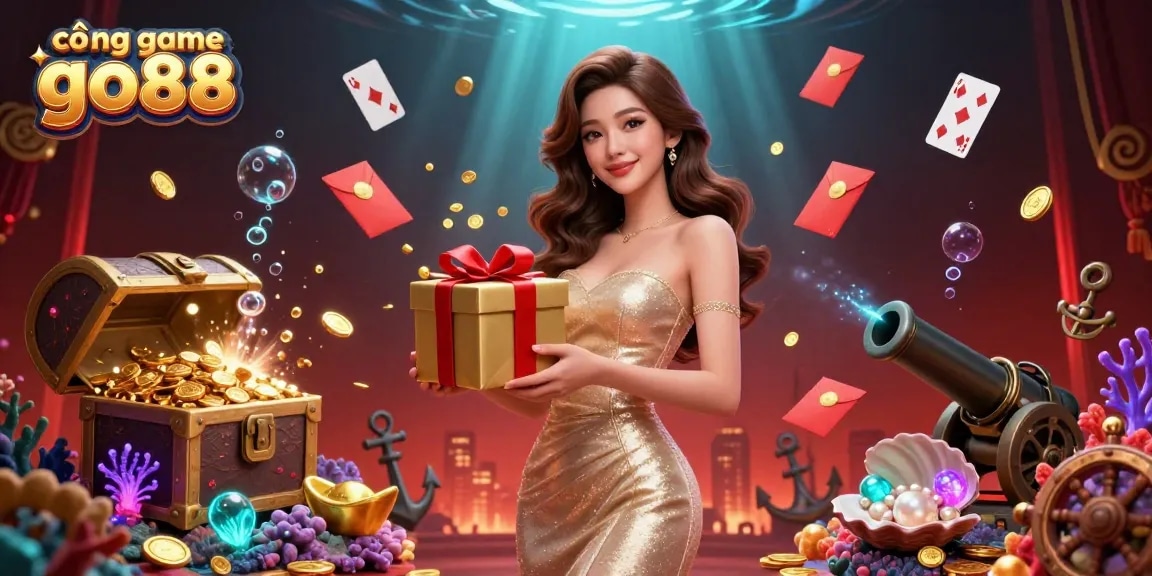 Experience cổng game go88 with vibrant golden coins and festive elements in this dynamic digital illustration.