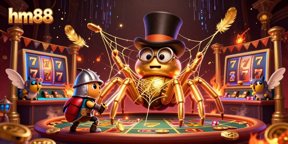 hm88 casino scene featuring a captivating golden tarantula, beetle knight, and vibrant slot elements.
