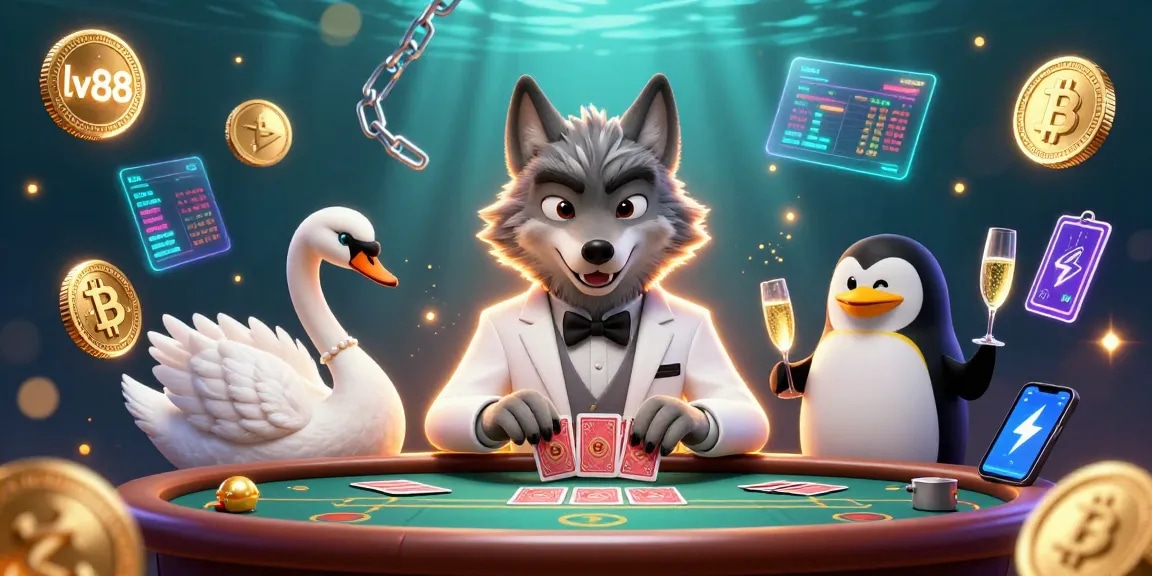 Engage with lv88 in an exciting baccarat scene featuring a debonair wolf and elegant characters amidst vibrant gaming elements.