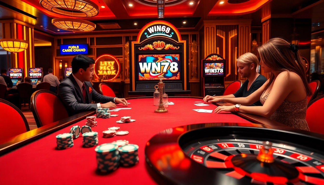 Experience the thrill of WIN678 with players enjoying poker at a luxurious casino table.