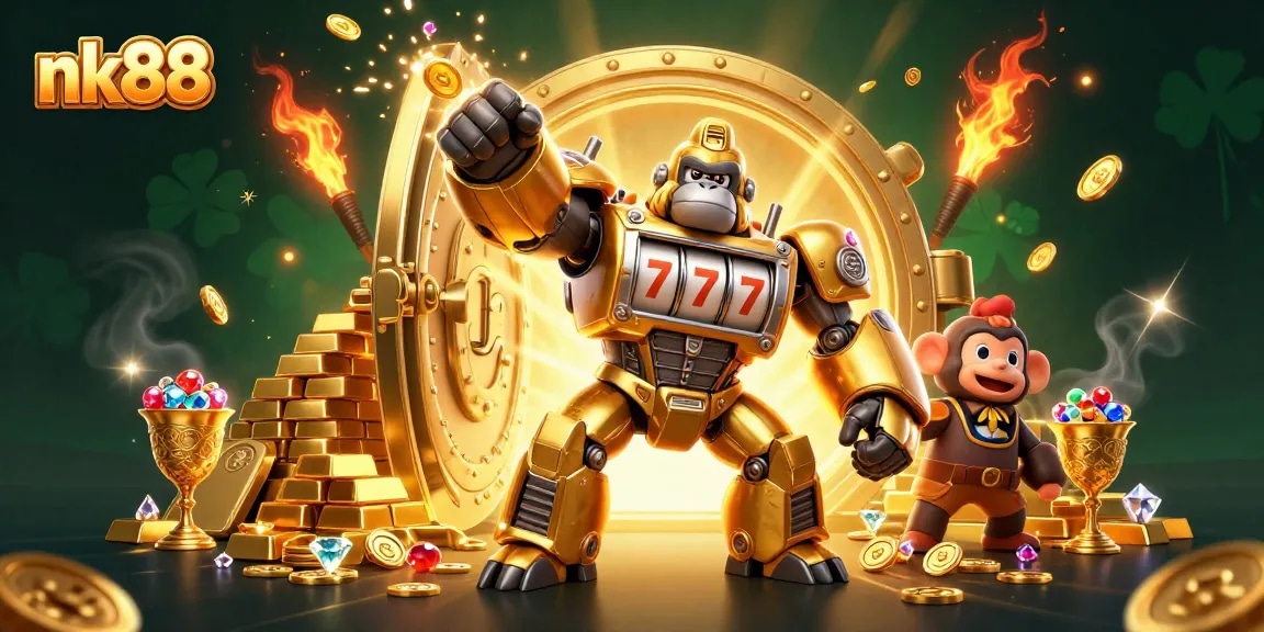 Get excited with nk88 as a golden gorilla mech punches upward, showering coins!