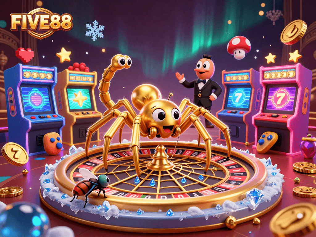 Engage in thrilling bets with FIVE88's vibrant casino scene featuring a golden spider and colorful game elements.