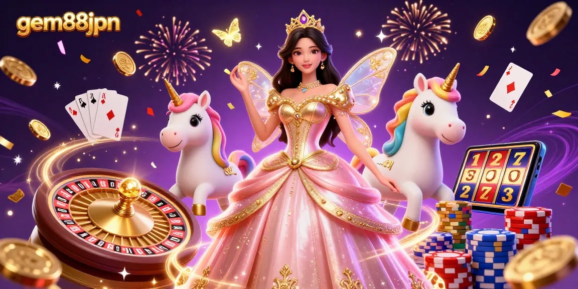 Experience gem88jpn's thrilling casino adventure with a vibrant 3D illustration featuring magical gaming elements.