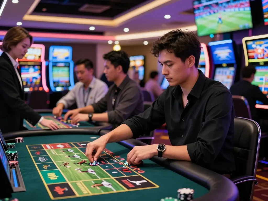 Engaged player placing a Fa bet at a modern casino table, showcasing vibrant gaming environment.