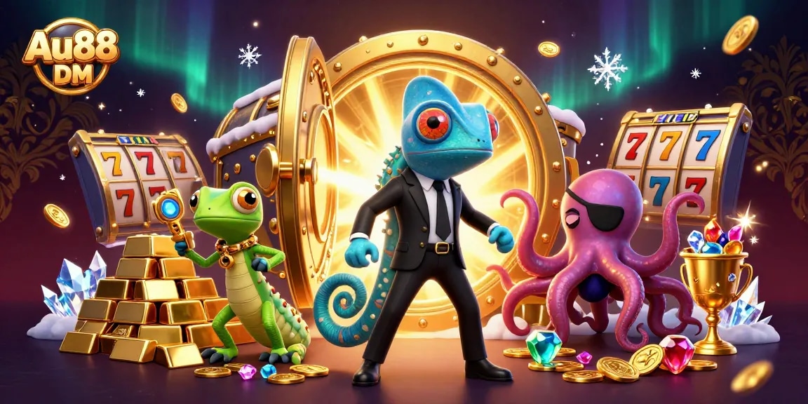 Engage with vibrant gameplay at Au88 DM amidst treasure and excitement, featuring colorful slot reels and gems.