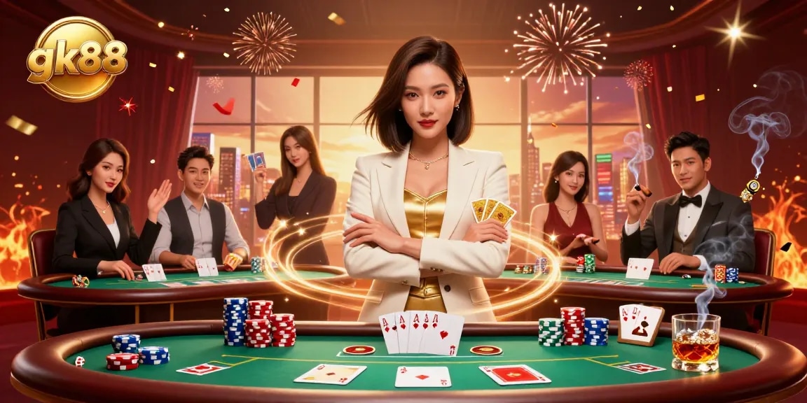 Experience thrilling gameplay at gk88 casino featuring poker tables and vibrant chips in a luxurious setting.