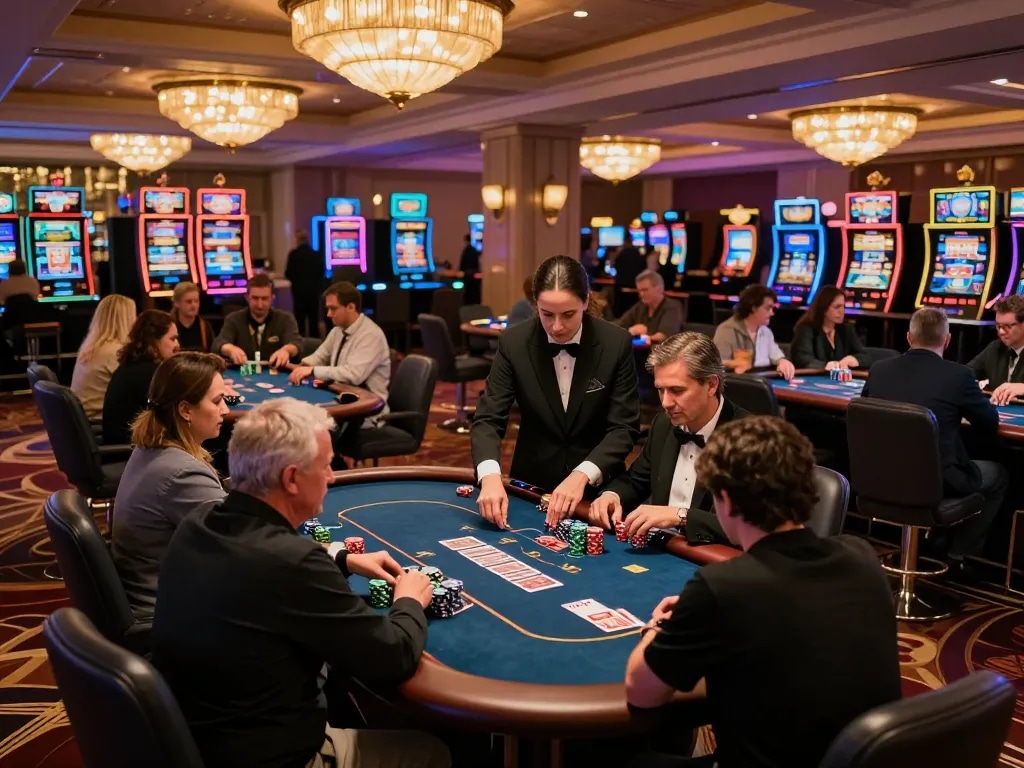 MAY88 players eagerly betting at lively poker tables in a luxurious casino setting.