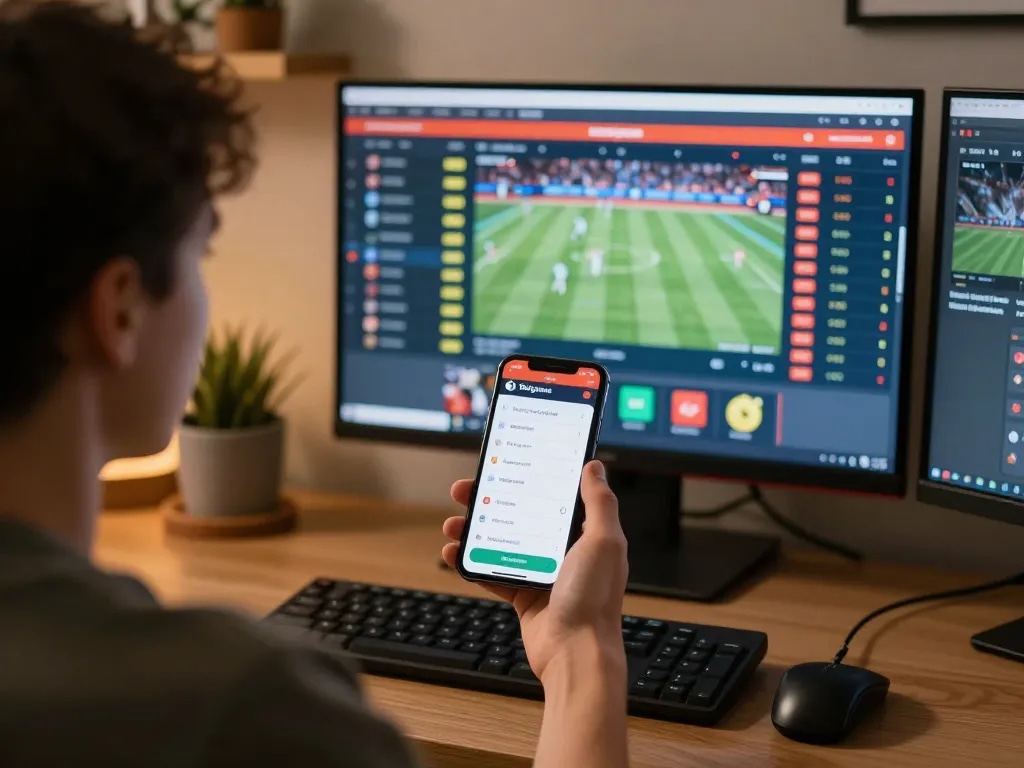 Engaging sports betting scene featuring 9betgame app on smartphone, dynamic user experience highlighted