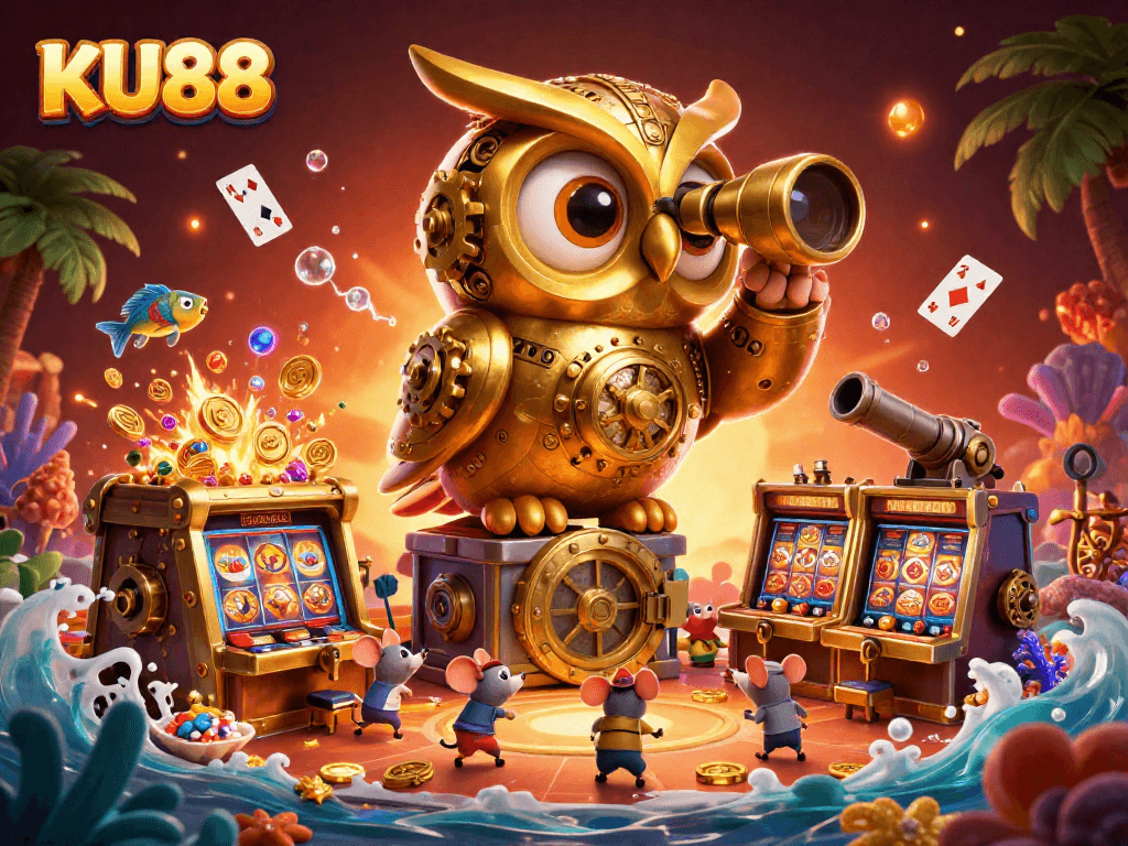 Experience the thrill of KU88 with a vibrant casino scene featuring a golden owl and dynamic slot machines.