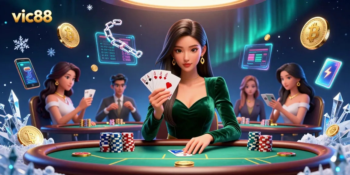 Win big at vic88's poker table featuring a stunning Asian woman holding cards in a vibrant casino.