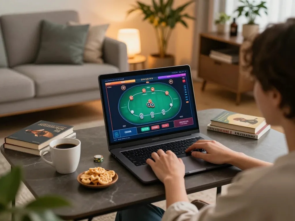 Lu88 đăng nhập on a laptop in a cozy home gaming setup, showcasing a poker game