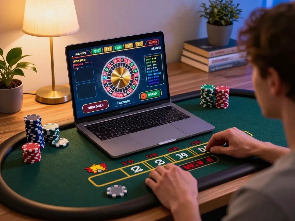 Say88 player engaging in live dealer roulette online, vibrant home gaming setup