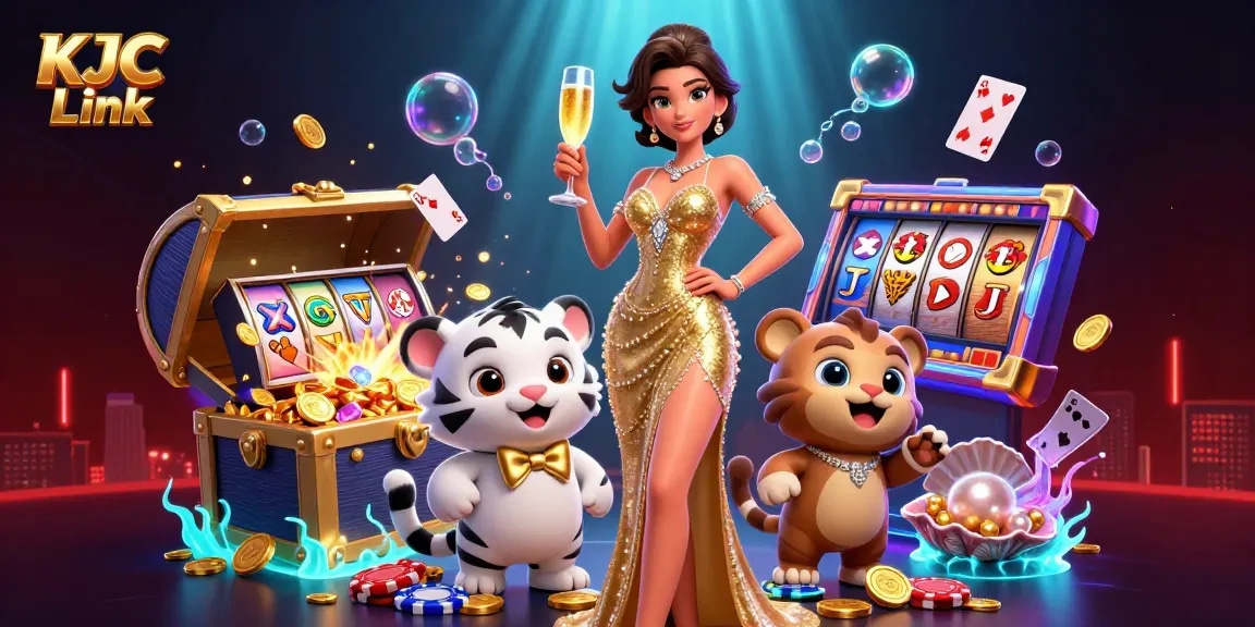 Experience the thrill of KJC Link with stunning visuals of a glamorous woman and lucky tiger amidst vibrant gaming elements.