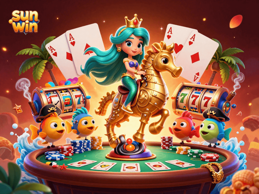 Engage with sun win at a vibrant casino scene with a mermaid and poker elements.