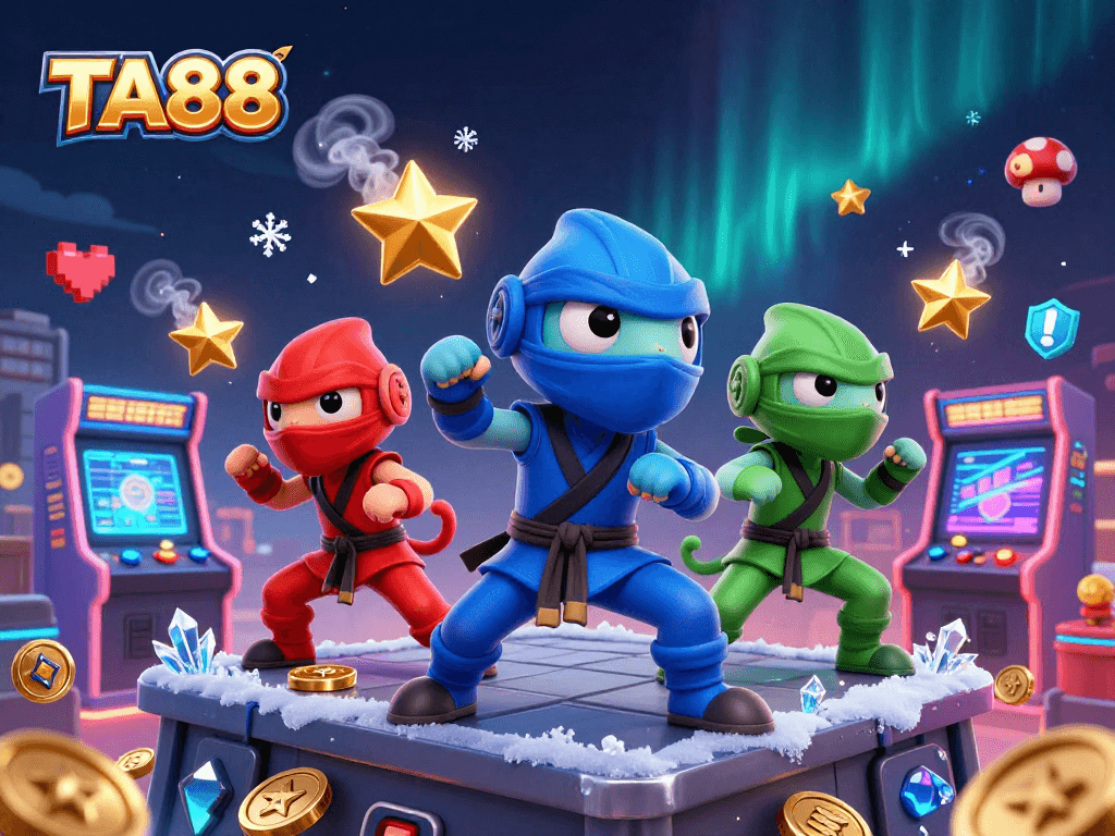TA88's ninja chameleon team showcases thrilling martial arts poses amid vibrant gaming elements.
