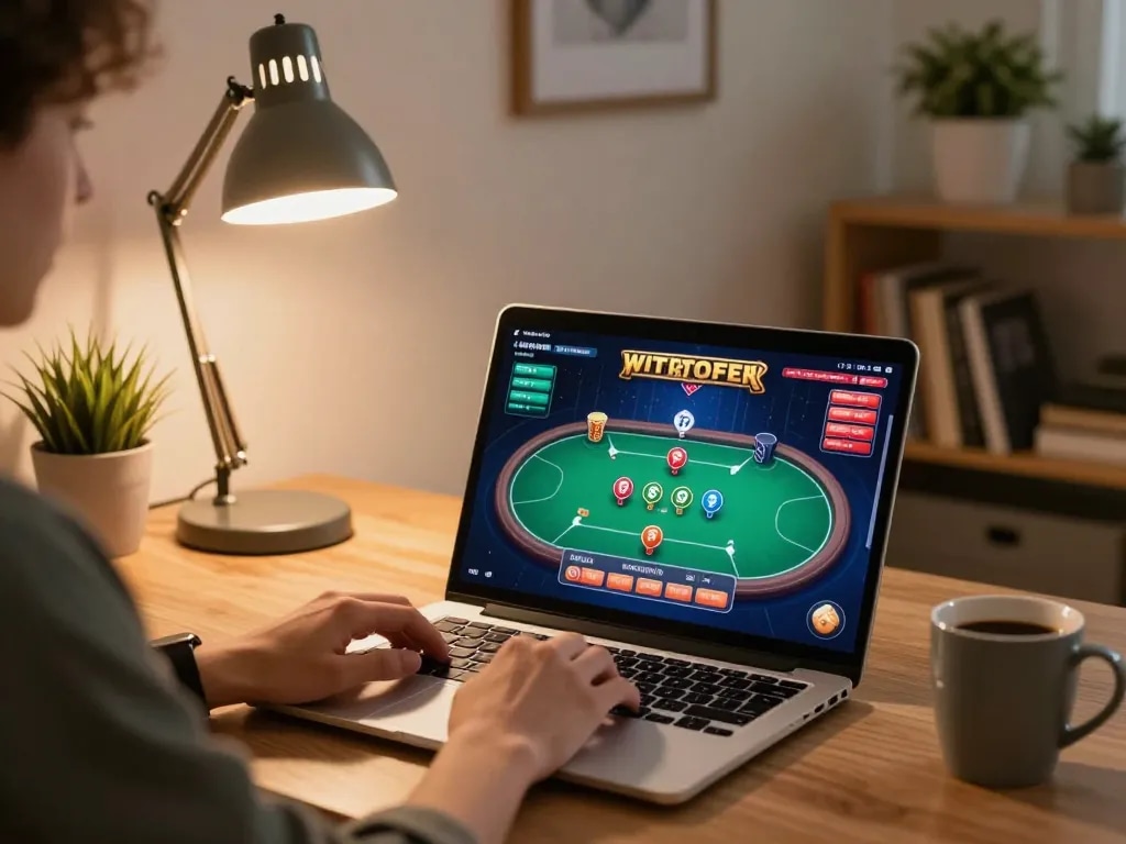 LC88 player placing bets on online poker game while enjoying a cozy home atmosphere