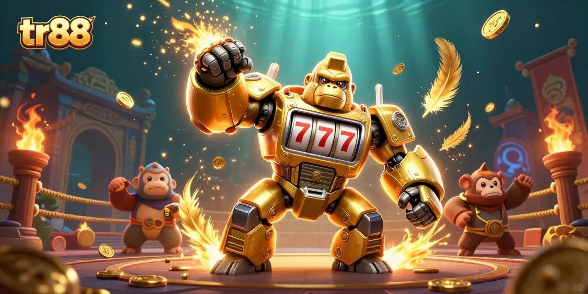 tr88 showcases an energetic 3D casino scene with a golden gorilla mech amidst slot elements