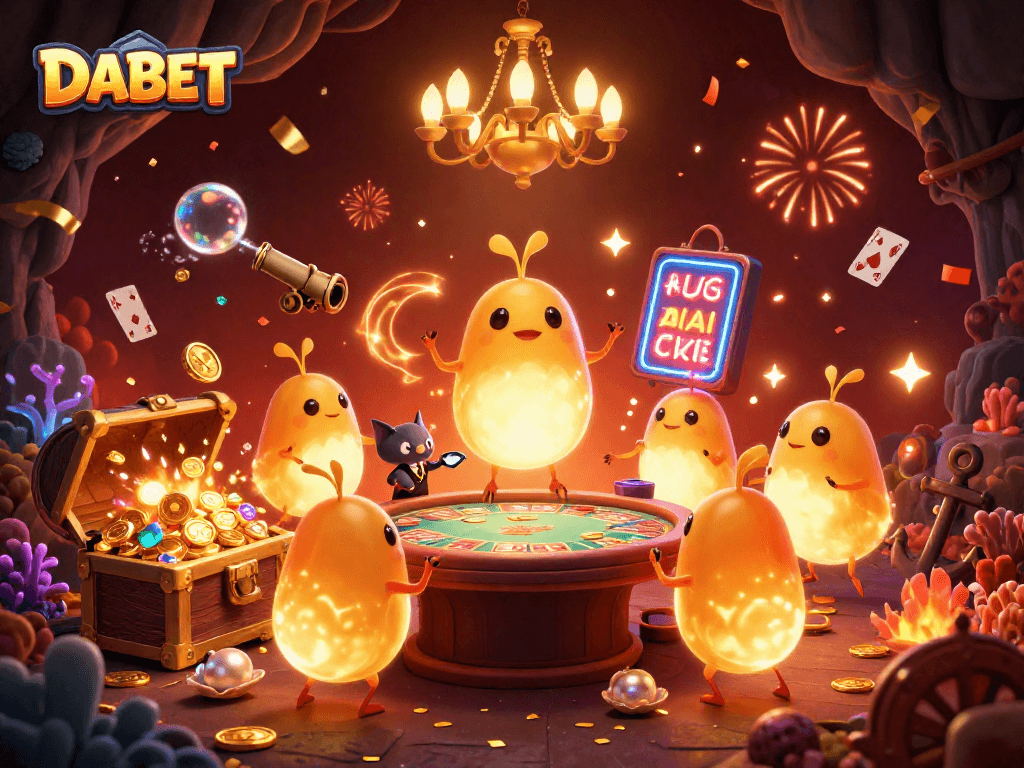 DABET brings excitement to casino gaming with glowworms lighting a vibrant cave casino scene.