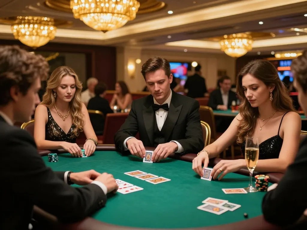 Players engaging in a strategic poker game at Nhà cái Red88, showcasing a luxurious casino setting.