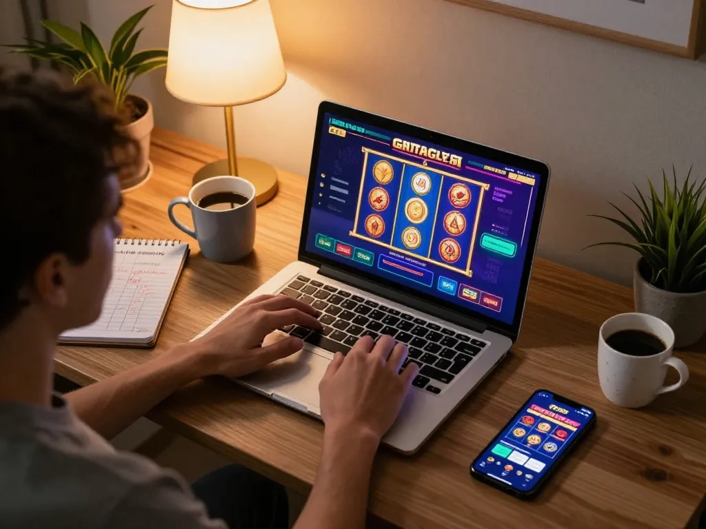 Engage with vin88 online gaming strategies on a cozy home desk during a vibrant gaming session.