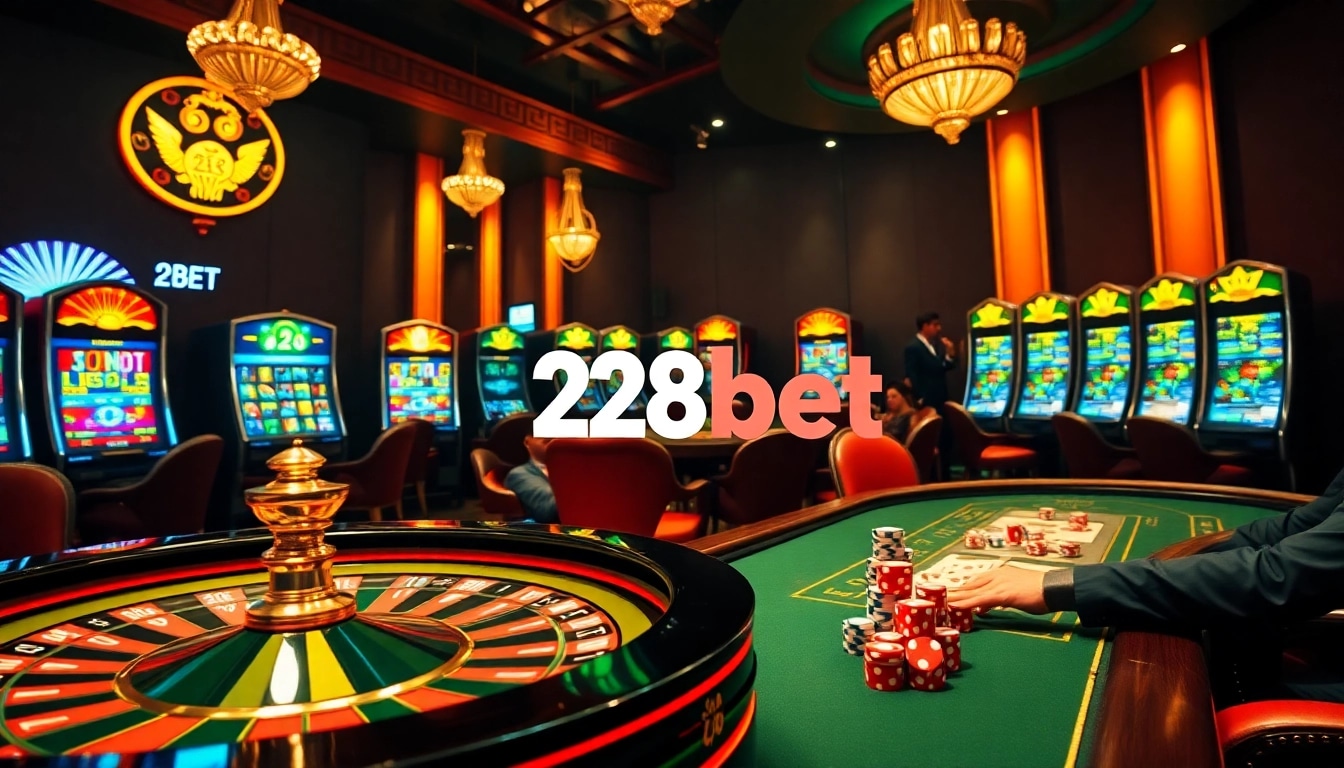 Experience the thrill of 28bet with poker tables and a vibrant roulette wheel in action.