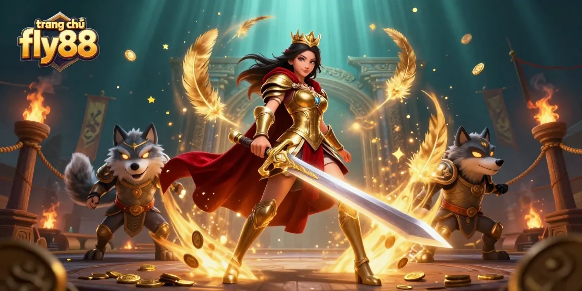 Engage with excitement at trang chủ fly88, showcasing a warrior queen and wolf in a dynamic casino scene.