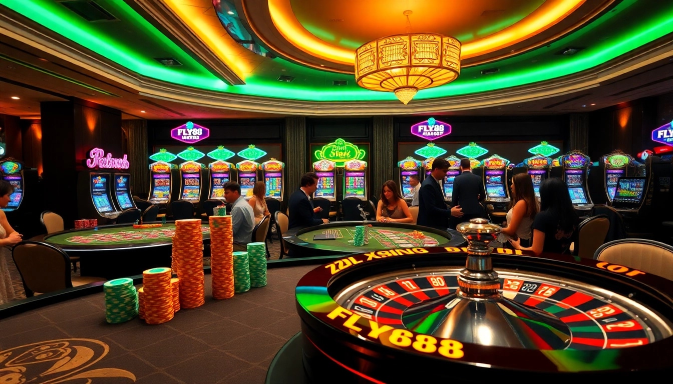 Players enjoying a game at FLY88's casino with vibrant tables and slot machines.