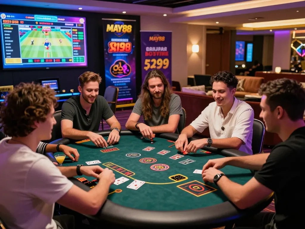 Friends enjoying a MAY88 live casino experience with vibrant gaming ambiance.