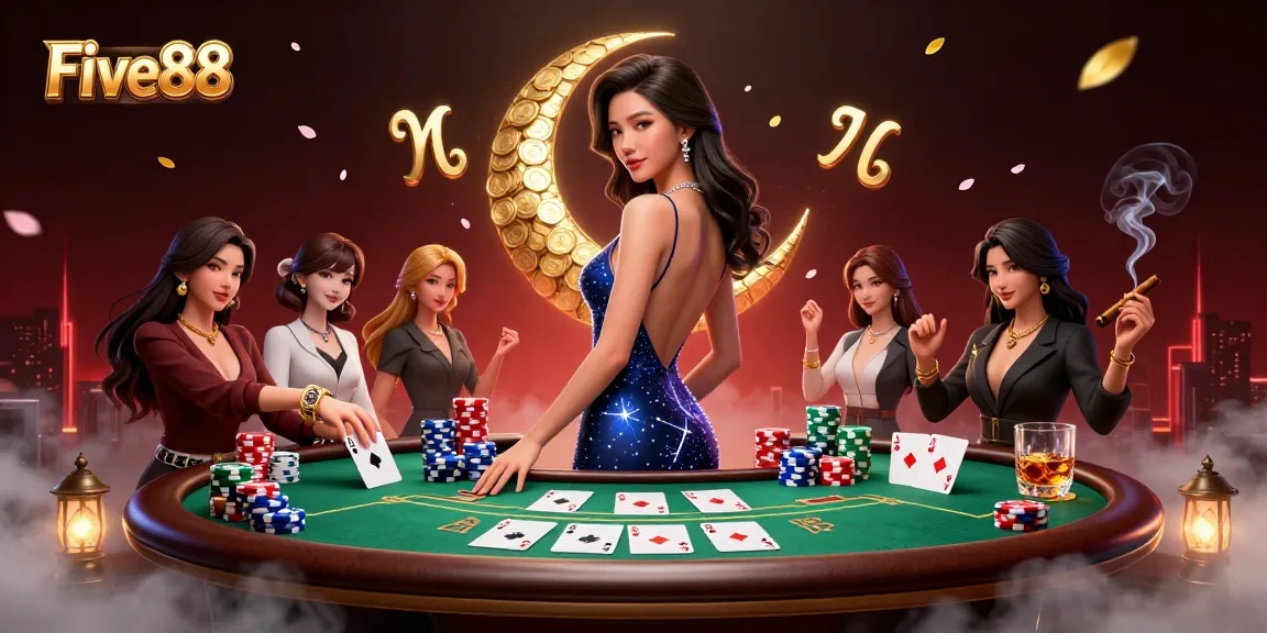 Engage with Five88's thrilling casino atmosphere featuring a stunning Asian woman and vibrant game elements.