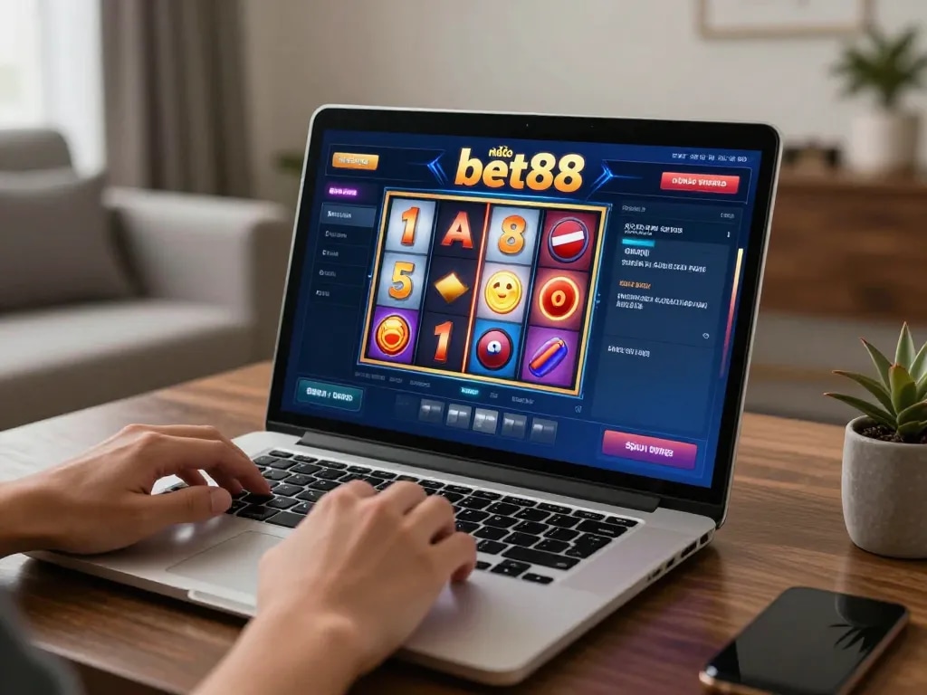 Player engaging with nhà cái bet88 online slots, pressing spin button in a cozy home setting.