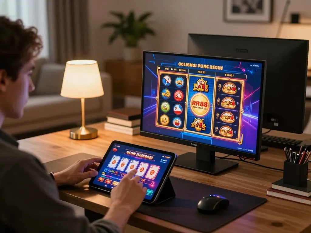 Engaging in RR 88 online casino gaming with vibrant interactive games on a tablet in a stylish living room.