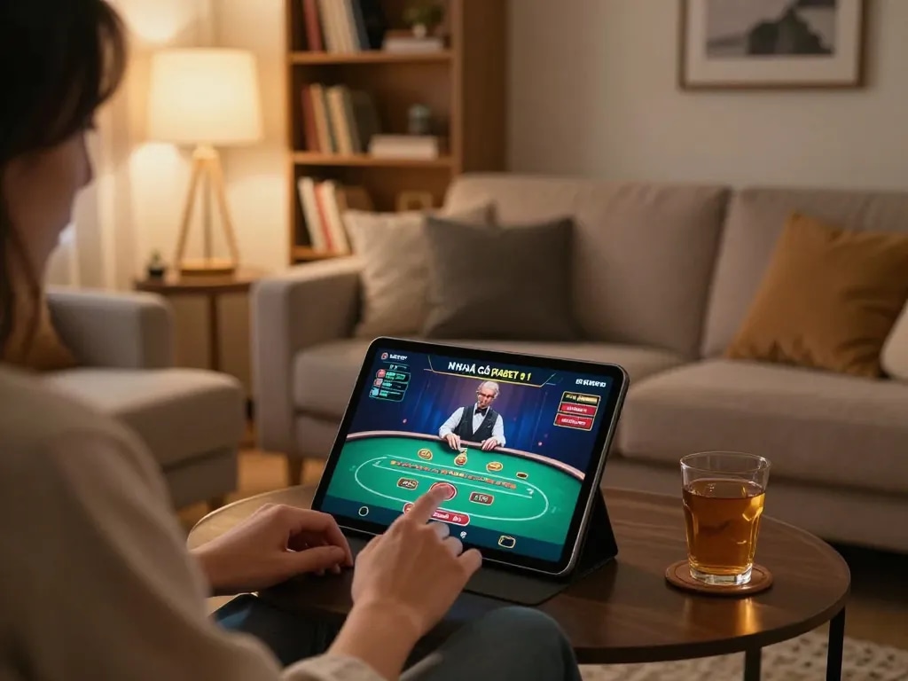 Engaging in vibrant online gaming with NHÀ CÁI FABET on a tablet in a cozy living room setting.