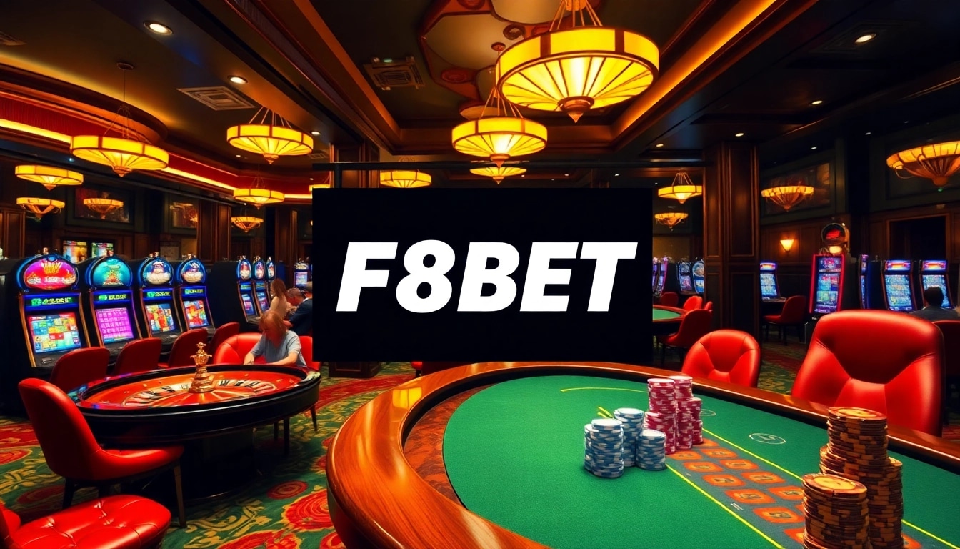 Experience the thrill of F8BET with an engaging casino scene showcasing roulette, slot machines, and poker tables.