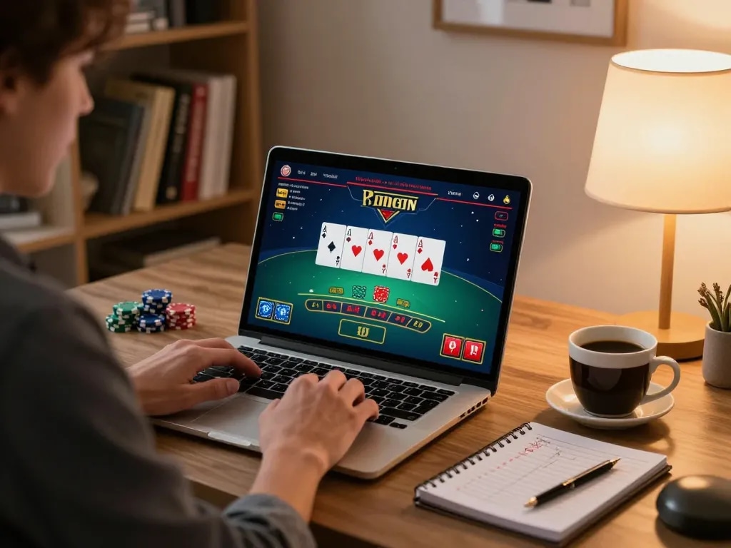 Player engaged with Nhà cái oxbet on laptop for an immersive online blackjack experience in a cozy home setting.