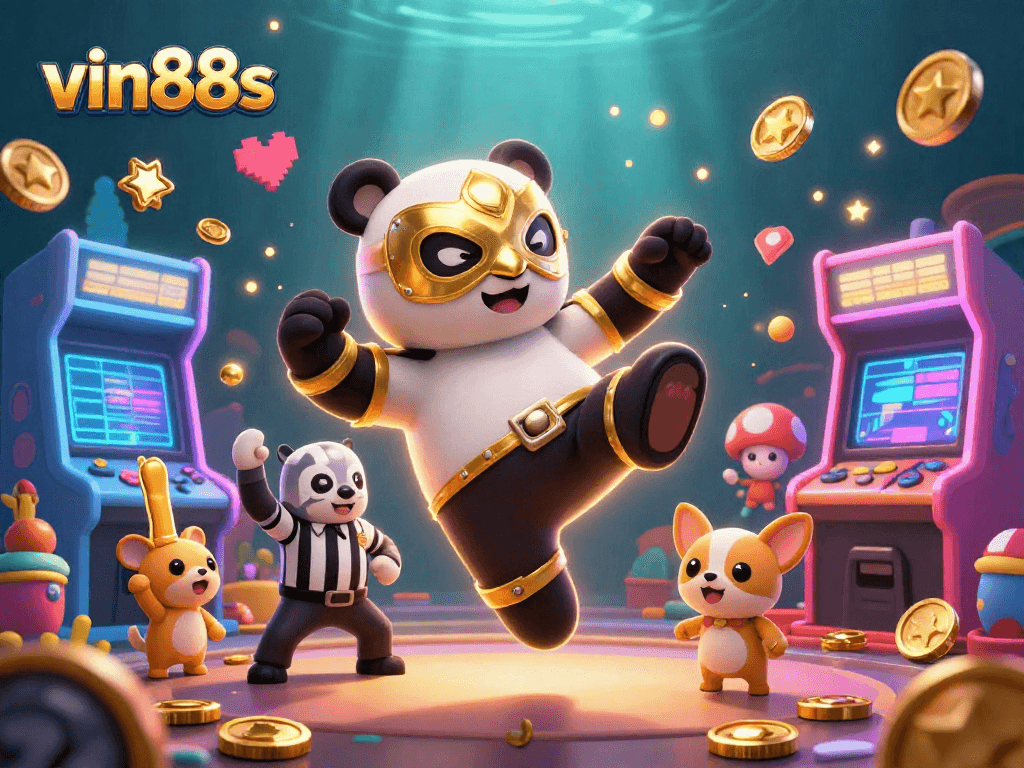 Engage with vin88s through thrilling casino games featuring a panda wrestler and vibrant arcade elements.