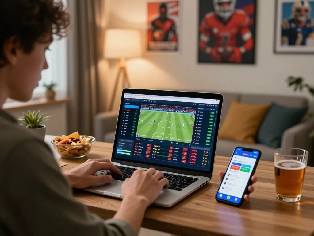 ONE88 sports betting action in a modern home office with live odds display.