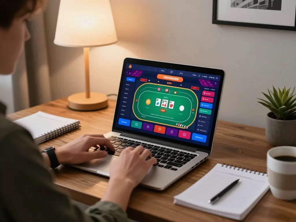 Engaging in online gambling with BL555 business through a laptop at home, showcasing strategy and comfort